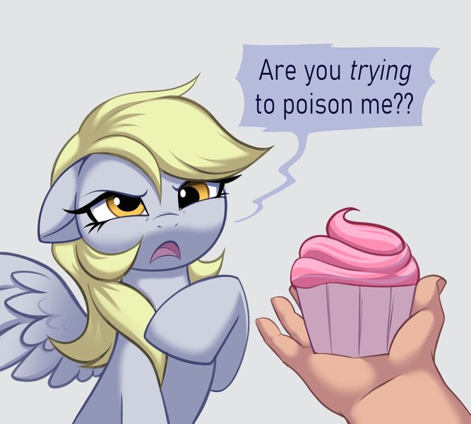Size: 1201x1080 | Tagged: safe, artist:confetticakez, derpibooru import, derpy hooves, human, pegasus, pony, cupcake, dialogue, disgusted, do not want, food, g4, gray background, hand, image, jpeg, offscreen character, offscreen human, prank, simple background, speech bubble