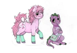 Size: 1000x689 | Tagged: safe, artist:ptg, derpibooru import, spike (g1), dragon, pony, g1, my little pony: the movie (g1), baby lickety-split, bag, bow, clothes, crying, duo, duo male and female, female, filly, foal, frown, i'll go it alone, image, leg warmers, lidded eyes, looking back, looking down, male, png, raised hoof, sad, simple background, sitting, tail, tail bow, traditional art, white background
