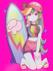 Size: 1500x2000 | Tagged: safe, artist:xinjinjumin3316237, derpibooru import, rainbow dash, human, equestria girls, cap, clothes, feet, hat, humanized, image, kneeling, magenta background, png, sandals, shorts, simple background, solo, surfboard