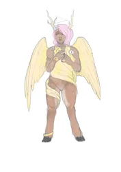 Size: 707x1000 | Tagged: suggestive, artist:ptg, derpibooru import, fluttershy, satyr, antlers, blackwashing, bracelet, clothes, cloven hooves, featureless crotch, female, flower, flower in hair, g4, image, jewelry, moderate dark skin, nudity, partial nudity, png, simple background, solo, solo female, spread wings, white background, wings