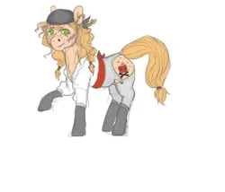 Size: 1000x856 | Tagged: safe, artist:ptg, derpibooru import, oc, oc:black apple cider, unofficial characters only, pony, bandana, boots, butt freckles, clothes, ear piercing, earring, female, freckles, image, jewelry, looking at you, mare, pants, piercing, png, raised hoof, shirt, shoes, simple background, smiling, solo, tail, white background