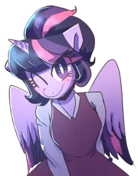 Size: 855x1094 | Tagged: artist needed, source needed, safe, derpibooru import, twilight sparkle, alicorn, anthro, clothes, cute, cutie mark, dress, facial markings, female, image, one eye closed, png, ponytail, sitting, smiling, solo, twiabetes, wink