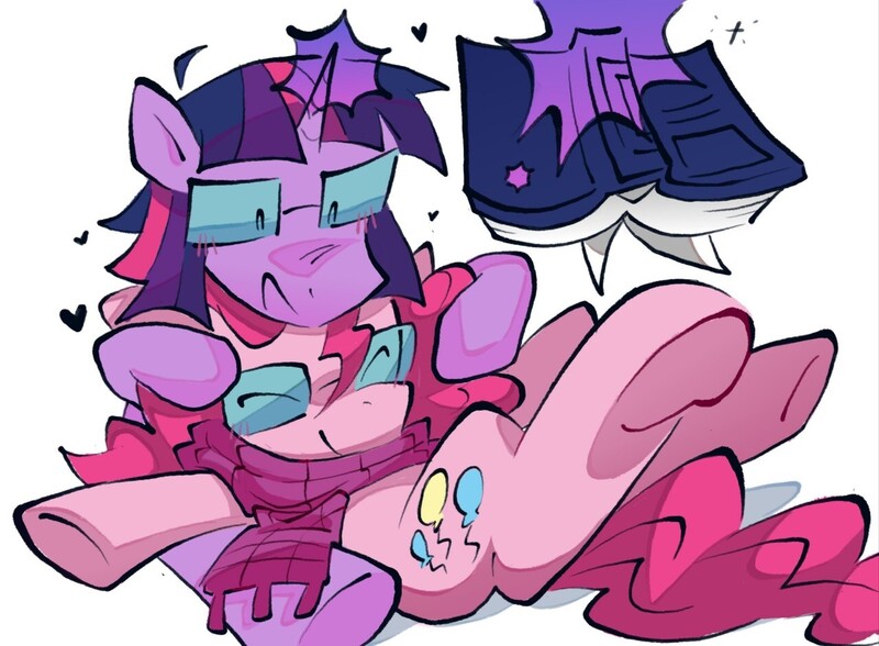 Size: 1280x941 | Tagged: safe, artist:matterproblem, derpibooru import, pinkie pie, twilight sparkle, earth pony, pony, unicorn, blushing, book, clothes, duo, duo female, eyes closed, female, g4, glasses, heart, holding, hooves in air, hug, image, jpeg, lesbian, lying down, magic, mare, open book, open mouth, open smile, scarf, shipping, simple background, smiling, telekinesis, twinkie, unicorn twilight, white background