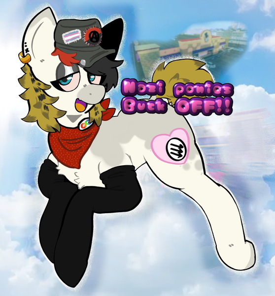 Size: 1776x1909 | Tagged: safe, artist:st0n3yp0n13, oc, unofficial characters only, earth pony, pony, alternate cutie mark, antifa, autism, bandana, cap, chest fluff, clothes, cloud, ear piercing, earring, earth pony oc, faggot, hat, high, image, infinity symbol, jewelry, lidded eyes, messy mane, open mouth, piercing, png, politics, pride, pride flag, short tail, sky, solo, spots, stockings, stoned, stoner, text, thigh highs, three arrows, transgender pride flag, ugly, vulgar