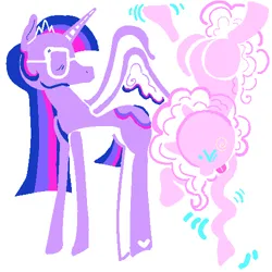 Size: 500x500 | Tagged: safe, artist:maretriarch, derpibooru import, pinkie pie, twilight sparkle, twilight sparkle (alicorn), alicorn, earth pony, pony, ><, duo, duo female, eyes closed, female, g4, glasses, handstand, hooves in air, image, jewelry, limited palette, lineless, mare, minimalist, modern art, no eyes, no mouth, png, simple background, standing, tiara, tongue out, upside down, white background