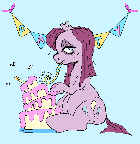 Size: 547x562 | Tagged: safe, artist:maretriarch, derpibooru import, pinkie pie, earth pony, fly, insect, pony, bags under eyes, blue background, cake, ear piercing, earring, female, food, frown, g4, image, jewelry, looking back, mare, onomatopoeia, party horn, piercing, pinkamena diane pie, png, sad, short tail, simple background, sitting, solo, tail, text