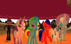 Size: 1920x1200 | Tagged: safe, artist:puzzlshield2, derpibooru import, princess flurry heart, starlight glimmer, trixie, oc, oc:kori johnson, oc:puzzle shield, alicorn, earth pony, pony, unicorn, my little pony: the movie, 3d, alternate universe, cape, clothes, crossover, epic, female, filly, foal, group shot, hat, heroic, image, mario kart, mmd, multiverse, png, recreation, s5 starlight, scene interpretation, super mario bros., trixie's cape, trixie's hat, waluigi
