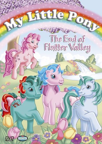 Size: 355x500 | Tagged: safe, derpibooru import, official, buttons (g1), fizzy, gusty, honeysuckle, flutter pony, pony, unicorn, g1, my little pony 'n friends, the end of flutter valley, bow, dvd cover, female, flower, flying, image, jpeg, mare, merchandise, my little pony logo, open mouth, open smile, outdoors, raised hoof, smiling, tail, tail bow, tree, wrong eye color