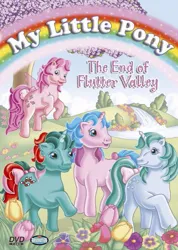 Size: 355x500 | Tagged: safe, derpibooru import, official, buttons (g1), fizzy, gusty, honeysuckle, flutter pony, pony, unicorn, g1, my little pony 'n friends, the end of flutter valley, bow, dvd cover, female, flower, flying, image, jpeg, mare, merchandise, my little pony logo, open mouth, open smile, outdoors, raised hoof, smiling, tail, tail bow, tree, wrong eye color