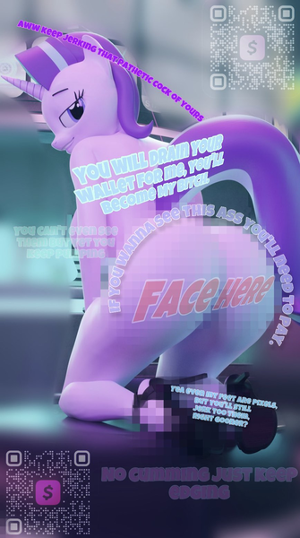 Size: 868x1554 | Tagged: questionable, artist:floppyhuman, edit, editor:st0n3yp0n13, starlight glimmer, anthro, unicorn, 3d, ass, breasts, busty starlight glimmer, butt, caption, cashapp, censored, clothes, feet, female, findom, glimmer glutes, gooner, high heels, image, jerk off encouragement, looking back, mosaic censor, nudity, png, qr code, shoes, shoes only, smiling, solo, solo female, vulgar