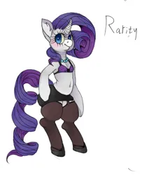 Size: 852x1051 | Tagged: suggestive, artist:ptg, derpibooru import, rarity, pony, semi-anthro, unicorn, belly button, blushing, bra, clothes, ear fluff, female, g4, horn, image, jewelry, mare, necklace, pearl necklace, png, simple background, skirt, socks, solo, stockings, tail, thigh highs, underwear, white background