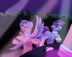 Size: 2500x2000 | Tagged: safe, artist:skyboundsiren, derpibooru import, vinyl scratch, oc, oc:haven sympony, oc:lumin light, pegasus, unicorn, commission, dancing, duo, flower, flower in hair, glowstick, image, male, night, night sky, offscreen character, png, rave, sky, smiling
