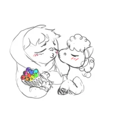 Size: 500x501 | Tagged: dead source, safe, artist:ptg, derpibooru import, oc, oc:goombells, human, pony, ask, blush lines, blushing, bouquet of flowers, clothes, eyes closed, flower, hoodie, image, imminent interspecies, imminent kissing, kissy face, male, oc x oc, partial color, png, shipping