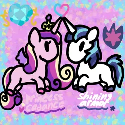 Size: 1000x1000 | Tagged: safe, artist:mintwhistle, derpibooru import, princess cadance, shining armor, alicorn, pony, unicorn, abstract background, colored hooves, colored wings, crown, cutie mark, duo, duo male and female, eyelashes, female, g4, gradient wings, heart, horn, horns are touching, image, jewelry, love, male, mare, medibang paint, multicolored mane, multicolored tail, no mouth, png, regalia, ship:shiningcadance, shipping, stallion, straight, style emulation, tail, tokidoki, unicorno, wings