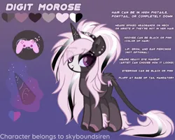 Size: 2500x2000 | Tagged: safe, artist:skyboundsiren, derpibooru import, oc, oc:digit morose, unicorn, cutie mark, ear piercing, eyebrow piercing, female, fluffy, goth, image, jpeg, lip piercing, pastel goth, piercing, reference sheet, spiked headband