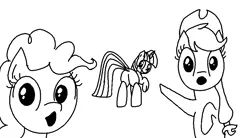Size: 1000x550 | Tagged: safe, artist:purblehoers, derpibooru import, applejack, pinkie pie, twilight sparkle, earth pony, pony, unicorn, black and white, grayscale, image, looking at you, meme, monochrome, ms paint, open mouth, png, pointing, simple background, soyjak, soyjaks pointing, white background, wojak