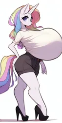 Size: 520x1024 | Tagged: suggestive, ai content, derpibooru import, machine learning generated, part of a set, oc, unofficial characters only, anthro, unicorn, adorasexy, big breasts, breasts, busty oc, butt touch, clothes, curvy, cute, female, hand on butt, hand on hip, high heels, horn, hourglass figure, huge breasts, human to anthro, image, implied breast expansion, implied transformation, implied transgender transformation, impossibly large breasts, large butt, looking at you, part of a series, png, pose, prompter:horselover fat, sexy, shoes, shorts, side view, sideboob, simple background, smiling, smiling at you, solo, standing, tight clothing, unicorn oc, white background, white shirt, wide hips