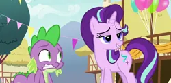 Size: 1162x563 | Tagged: safe, composite screencap, derpibooru import, edit, edited screencap, screencap, spike, starlight glimmer, dragon, unicorn, triple threat, image, lidded eyes, png