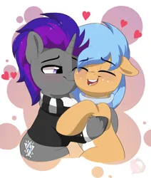 Size: 3232x3811 | Tagged: safe, artist:joaothejohn, derpibooru import, oc, oc:iva, oc:legacy lexston, unofficial characters only, earth pony, pony, unicorn, blushing, clothes, commission, couple, cute, earth pony oc, eyes closed, holiday, horn, image, jacket, kiss on the cheek, kissing, lidded eyes, multicolored hair, png, scarf, shipping, smiling, unicorn oc, valentine's day, ych result, your character here