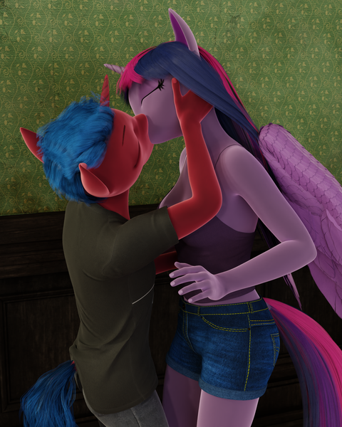 Size: 1512x1890 | Tagged: questionable, artist:stellarator, derpibooru import, twilight sparkle, oc, oc:juicebox, anthro, unguligrade anthro, comic:a morning with the night, 3d, blender, blender cycles, cycles render, g4, image, kissing, not sfm, png