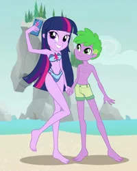 Size: 1280x1600 | Tagged: safe, artist:jack-pie, derpibooru import, spike, twilight sparkle, human, equestria girls, ankles, beach, belly button, bikini, bikini bottom, bikini top, clothes, cloud, female, g4, humanized, image, jpeg, legs, looking up, male, midriff, mobile phone, outdoors, phone, selfie, sky, smartphone, smiling, swimming trunks, swimsuit, thighs