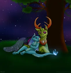 Size: 1024x1044 | Tagged: safe, artist:0ron0, derpibooru import, princess ember, thorax, changedling, changeling, dragon, embrax, female, image, male, night, png, shipping, straight
