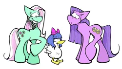 Size: 500x284 | Tagged: safe, artist:spoosh, derpibooru import, kimono, minty, oc, oc:spackles the duck, bird, duck, earth pony, pony, g3, comb, confused, female, image, jpeg, kimono's townhouse, mare, mouth hold, raised hoof, simple background, stylized, trio, white background