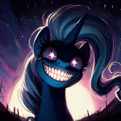 Size: 1024x1024 | Tagged: safe, ai content, derpibooru import, machine learning generated, prompter:enterusxrname, trixie, pony, unicorn, bust, faic, full moon, g4, generator:bing image creator, generator:dall-e 3, image, jpeg, moon, night, ominous, outdoors, solo, stars, teeth