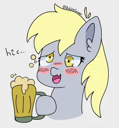 Size: 1486x1595 | Tagged: safe, artist:bubblegooey, derpibooru import, derpy hooves, pony, alcohol, beer, blush lines, blush sticker, blushing, bubble, bust, cider, cute, derp, derpabetes, drunk, ear fluff, female, g4, hiccup, holding, image, mare, png, portrait, solo, text