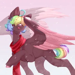 Size: 1280x1280 | Tagged: safe, artist:nnniru, derpibooru import, oc, oc:walter evans, unofficial characters only, pegasus, pony, clothes, colored wings, hair over eyes, image, male, multicolored hair, png, rainbow hair, scarf, snow, snowfall, solo, stallion, tongue out, two toned wings, wings