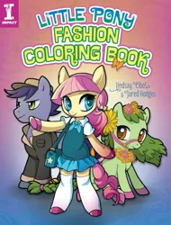 Size: 759x1000 | Tagged: safe, artist:jared hodges, artist:lindsay cibos, derpibooru import, oc, unofficial characters only, earth pony, pony, semi-anthro, book cover, braid, braided tail, bridle, clothes, colored hooves, cover, eyebrows, female, flower, flower in hair, frown, gradient background, hairclip, hat, image, little pony fashion coloring book, logo, male, mare, png, purse, shirt, sitting, skirt, smiling, socks, stallion, stallion oc, standing, sweater vest, tack, tail, text, trio