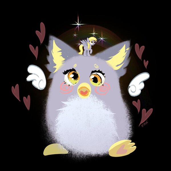 Size: 3000x3000 | Tagged: safe, artist:rrd-artist, derpibooru import, derpy hooves, pegasus, pony, black background, blush scribble, blushing, female, floating heart, furby, heart, image, jpeg, mare, open mouth, simple background