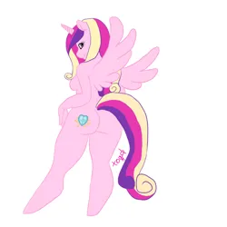Size: 900x900 | Tagged: suggestive, artist:deathcap, derpibooru import, princess cadance, alicorn, anthro, unguligrade anthro, 2014, ass, breasts, butt, female, g4, horn, image, looking at you, looking back, looking back at you, nudity, png, rear view, sideboob, signature, simple background, smiling, solo, solo female, spread wings, tail, white background, wings