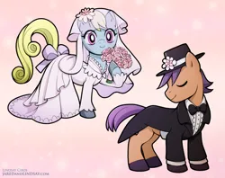 Size: 1200x948 | Tagged: safe, artist:jared hodges, artist:lindsay cibos, derpibooru import, oc, unofficial characters only, earth pony, pony, abstract background, bouquet of flowers, bow, bowtie, bride, clothes, colored hooves, dress, duo, duo male and female, eyes closed, female, flower, flower in hair, groom, hat, hoof hold, image, jpeg, little pony drawing book, little pony fashion coloring book, male, mare, marriage, not shoeshine, smiling, stallion, stallion oc, tail, tail bow, top hat, tuxedo, wedding, wedding dress, wedding suit, wedding veil