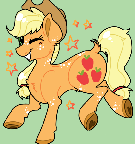 Size: 1033x1103 | Tagged: safe, artist:neongin, derpibooru import, applejack, pony, friendship is magic, adorable face, chest fluff, cute, freckles, g4, hooves, image, jpeg, one eye closed, silly, silly pony, stars, wink