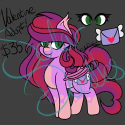 Size: 3000x3000 | Tagged: safe, artist:solardoodles, derpibooru import, oc, bat pony, pony, adoptable, cutie mark, fangs, holiday, image, png, smiling, solo, valentine, valentine's day, wide eyes
