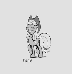 Size: 1987x2048 | Tagged: safe, artist:brdte, derpibooru import, applejack, earth pony, pony, faic, female, gray background, grayscale, image, lidded eyes, looking at you, mare, monochrome, png, signature, simple background, smiling, smiling at you, solo, standing on two hooves