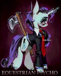 Size: 1660x2048 | Tagged: safe, artist:p0nyplanet, derpibooru import, rarity, pony, unicorn, alternate cutie mark, axe, clothes, image, jpeg, patrick bateman, solo, suit, weapon