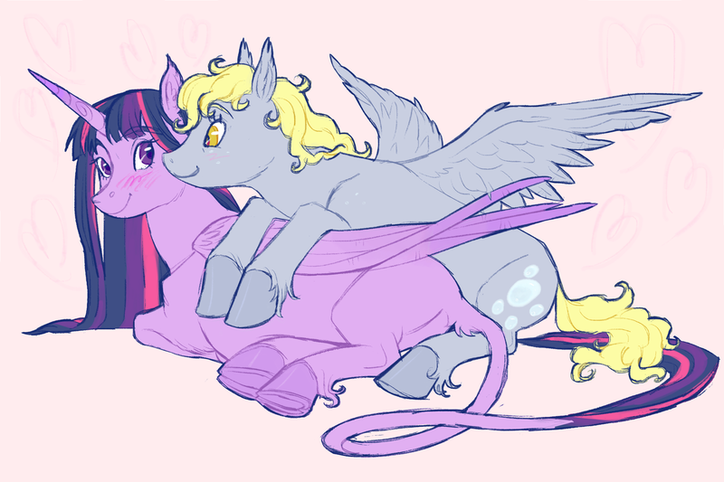 Size: 2048x1365 | Tagged: safe, artist:universalheart, derpibooru import, derpy hooves, twilight sparkle, twilight sparkle (alicorn), alicorn, pegasus, pony, blush scribble, blushing, cuddling, cute, derpabetes, duo, duo female, female, image, leonine tail, lesbian, lying down, mare, pink background, png, prone, ship:twerpy, shipping, side, simple background, smiling, spread wings, tail, twiabetes, wings