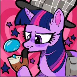 Size: 1170x1170 | Tagged: safe, artist:neongin, derpibooru import, twilight sparkle, pony, unicorn, mmmystery on the friendship express, bag, bubble, bubble pipe, colorful, cute, deerstalker, detective, detective twilight, female, g4, hat, heart, horn, image, jpeg, mare, pipe, reference, saddle bag, sherlock sparkle, solo, stars, trace
