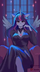 Size: 2244x4000 | Tagged: safe, artist:xjenn9, derpibooru import, twilight sparkle, twilight sparkle (alicorn), alicorn, anthro, clothes, commission, crossed legs, dress, g4, grin, image, looking at you, png, smiling, smirk, solo, sparkles, spread wings, wings, ych example, your character here