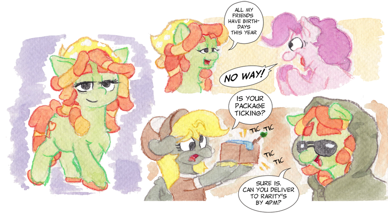 Size: 1393x775 | Tagged: safe, artist:lost marbles, derpibooru import, derpy hooves, pinkie pie, tree hugger, earth pony, pegasus, pony, bomb, clothes, dialogue, female, females only, hoodie, image, mixed media, package, png, sunglasses, traditional art, uniform, uniform hat, watercolor painting, weapon