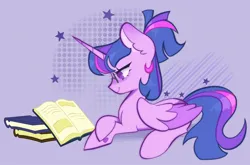 Size: 2048x1352 | Tagged: safe, artist:indigohatetrain, derpibooru import, twilight sparkle, alicorn, pony, abstract background, book, crossed hooves, female, g4, glasses, image, jpeg, lying down, mare, ponytail, reading, signature, solo, stars