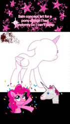 Size: 1080x1920 | Tagged: semi-grimdark, artist:st0n3yp0n13, pinkie pie, oc, oc:bay breeze, oc:mincer hoof, unofficial characters only, pegasus, pony, animated, base used, blood, bow, caption, clothes, confetti, cutie mark, dancing, floppy ears, image, messy mane, messy tail, mp4, music, pegasus oc, socks, striped socks, tail bow, text, timelapse, wings