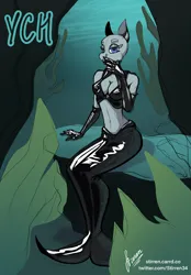 Size: 1640x2360 | Tagged: safe, artist:stirren, derpibooru import, anthro, mermaid, algae, bra, clothes, commission, crepuscular rays, dorsal fin, fin, fins, fish tail, gloves, image, latex, latex bra, latex gloves, mermaid tail, ocean, pinup, png, seaweed, solo, sunlight, tail, underwater, underwear, water, your character here