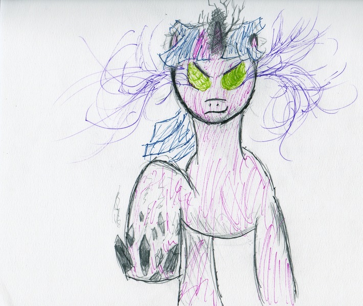 Size: 2814x2377 | Tagged: safe, artist:mrfreyaday, derpibooru import, twilight sparkle, pony, unicorn, corrupted, corrupted twilight sparkle, crystal, dark crystal, dark magic, front view, glow, glowing eyes, glowing horn, horn, image, jpeg, magic, mind control, possessed twilight, possessed twilight sparkle, raised hoof, simple background, sketch, solo, sombra eyes, sombrafied, traditional art, unicorn twilight, white background