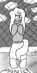Size: 1020x1983 | Tagged: safe, artist:castafae, derpibooru import, oc, oc:ceiling fan, unofficial characters only, pony, satyr, blushing, clothes, female, flustered, grayscale, hair over one eye, image, long skirt, mare, monochrome, panic, parent:oc:floor bored, png, skirt, solo, sweater