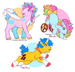 Size: 2048x1951 | Tagged: safe, artist:cocopudu, derpibooru import, oc, oc:sherbet blossom, oc:tippy paws, oc:wishful dreaming, unofficial characters only, alicorn, pony, unicorn, g1, alicorn oc, bandana, coat markings, female, horn, image, male, mare, missing limb, png, simple background, socks (coat marking), stallion, trio, wheelchair, white background, wings