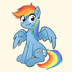 Size: 1936x1938 | Tagged: safe, artist:notfocks, derpibooru import, rainbow dash, pegasus, pony, female, g4, image, looking at you, mare, partially open wings, png, simple background, sitting, smiling, smiling at you, solo, wings, yellow background