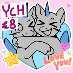 Size: 2048x2048 | Tagged: safe, artist:daisy_marshmallow, derpibooru import, pony, advertisement, blushing, commission, duo, holiday, hug, image, png, smiling, valentine's day, xd, ych example, your character here